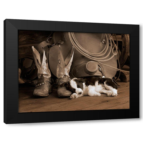 Cowboy Puppy Black Modern Wood Framed Art Print with Double Matting by Dawson, Robert