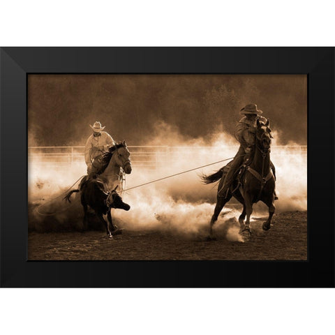 Roping on the Ranch ~ Sepia Black Modern Wood Framed Art Print by Dawson, Robert