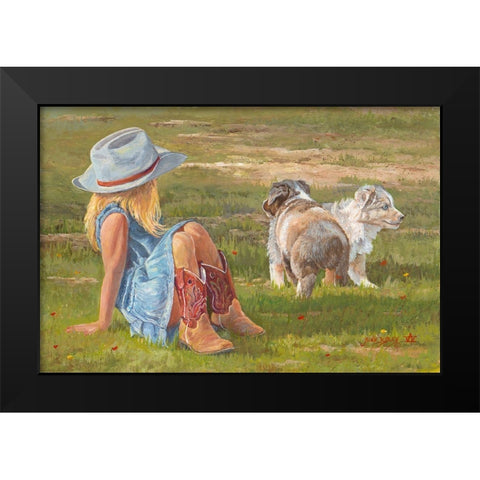Red Boots and Puppies Black Modern Wood Framed Art Print by Dudley, June