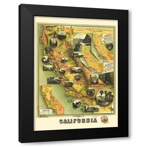 California Illustrated Map - Jones 1898 Black Modern Wood Framed Art Print by Jones