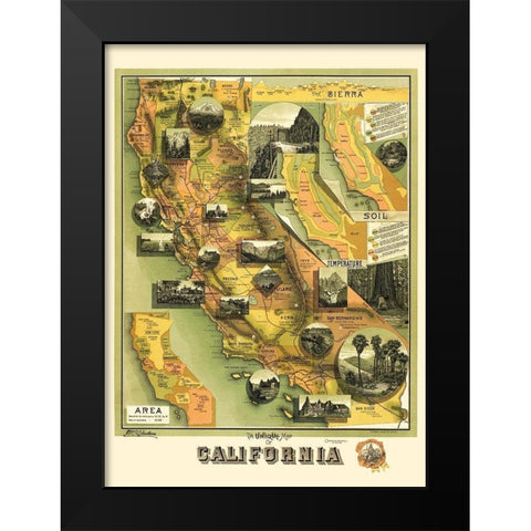 California Illustrated Map - Jones 1898 Black Modern Wood Framed Art Print by Jones