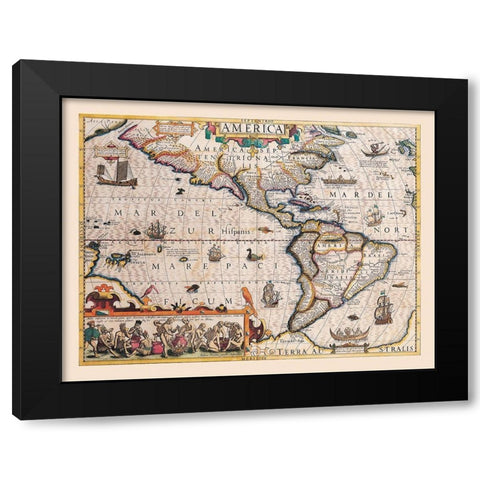 America - Hondius 1607 Black Modern Wood Framed Art Print by Hondius