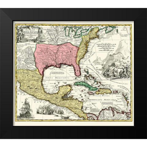 Central America New Spain Mexico - Homann 1732 Black Modern Wood Framed Art Print by Homann