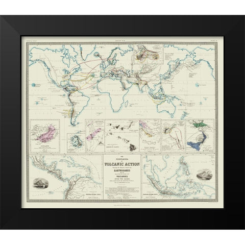 Global Volcanic Action Earthquakes - Johnston 1854 Black Modern Wood Framed Art Print by Johnston