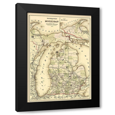 Railroad Map - Gray 1876 Black Modern Wood Framed Art Print by Gray