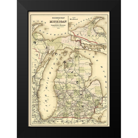 Railroad Map - Gray 1876 Black Modern Wood Framed Art Print by Gray