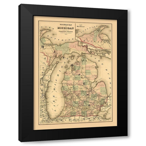 Michigan Railroads - Gray 1876 Black Modern Wood Framed Art Print with Double Matting by Gray
