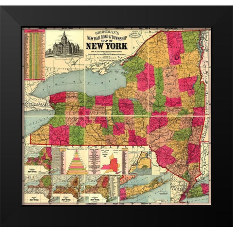 New York Railroads and Townships - Bridgman 1896 Black Modern Wood Framed Art Print by Bridgman