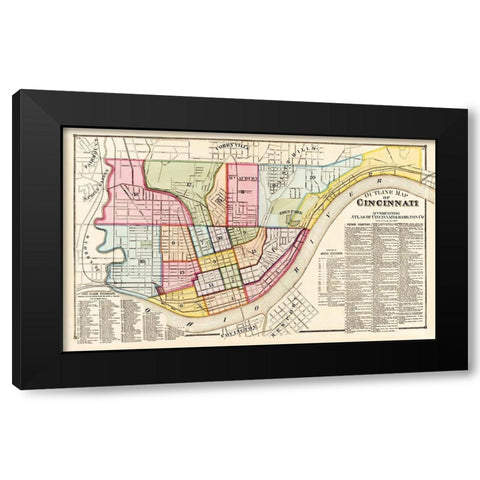 Cincinnati, Outline Ohio Outline - Titus 1869 Black Modern Wood Framed Art Print by Titus