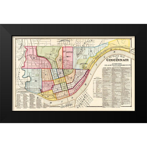 Cincinnati, Outline Ohio Outline - Titus 1869 Black Modern Wood Framed Art Print by Titus