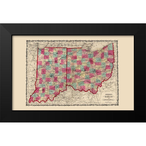 Ohio, Indiana - Johnson 1860 Black Modern Wood Framed Art Print by Johnson