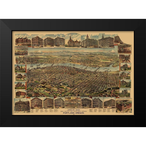 Portland Oregon - Elliot 1890 Black Modern Wood Framed Art Print by Elliot
