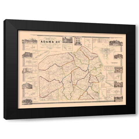 Adams County Pennsylvania - Hopkins 1858 Black Modern Wood Framed Art Print with Double Matting by Hopkins