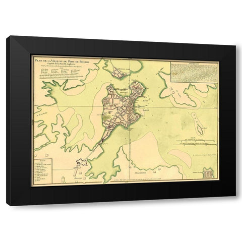City Plan Port of Boston - Bellin 1735 Black Modern Wood Framed Art Print by Bellin