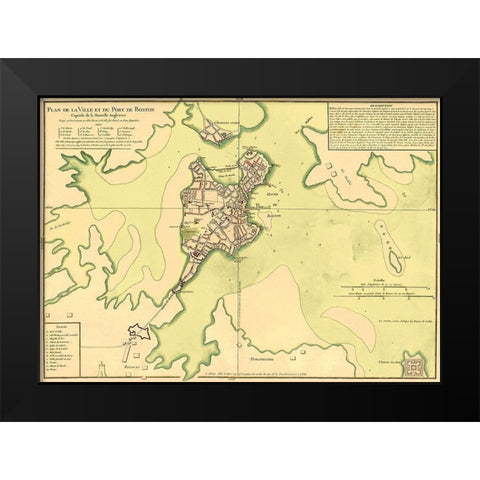 City Plan Port of Boston - Bellin 1735 Black Modern Wood Framed Art Print by Bellin