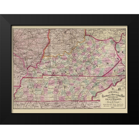 Kentucky and Tennessee Railroads and Townships Black Modern Wood Framed Art Print by Cram