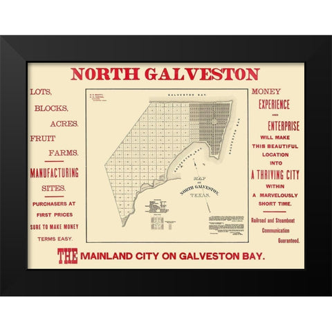 North Galveston Texas Plat - City Of Galveston Black Modern Wood Framed Art Print by City Of Galveston