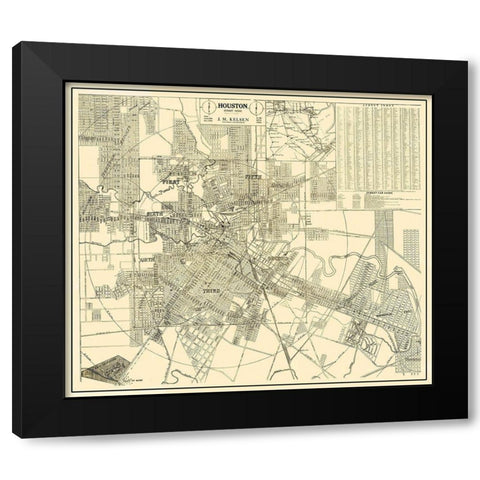 Houston Texas Street Guide - Kelsen 1913 Black Modern Wood Framed Art Print by Kelsen