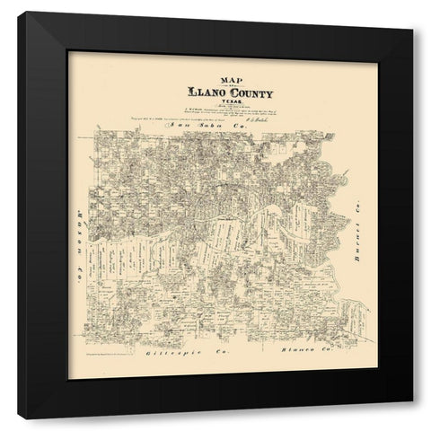 Llano County Texas - Walsh 1879 Black Modern Wood Framed Art Print with Double Matting by Walsh