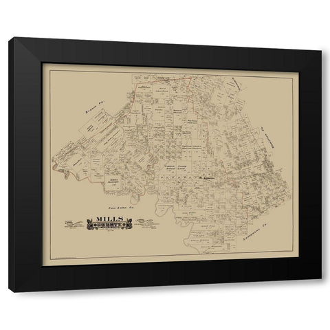 Mills County Texas - Hall 1888 Black Modern Wood Framed Art Print with Double Matting by Hall