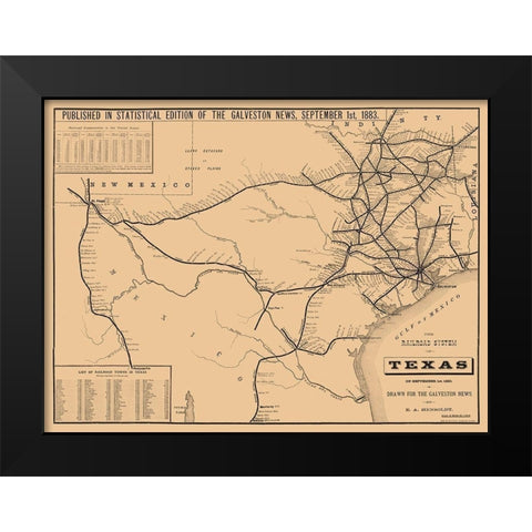 Railroad System Of Texas - Hensoldt 1883 Black Modern Wood Framed Art Print by Hensoldt