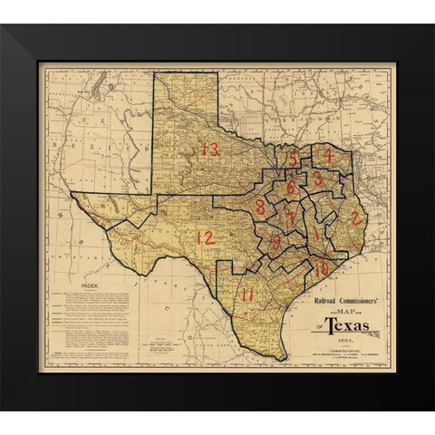 Railroad Commissioners Map of Texas -1897 Black Modern Wood Framed Art Print by Unknown