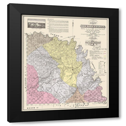 San Saba Texas - Land Office 1876 Black Modern Wood Framed Art Print with Double Matting by Land Office