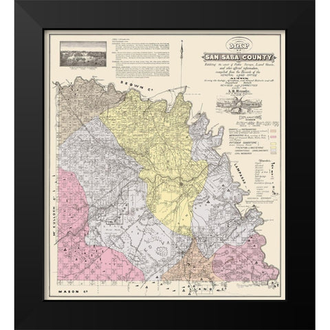 San Saba Texas - Land Office 1876 Black Modern Wood Framed Art Print by Land Office