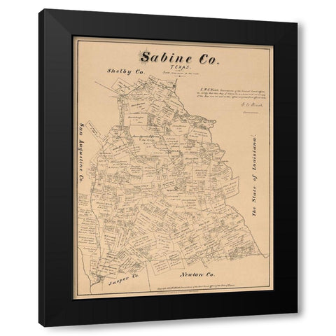 Sabine County Texas - Walsh 1879 Black Modern Wood Framed Art Print with Double Matting by Walsh