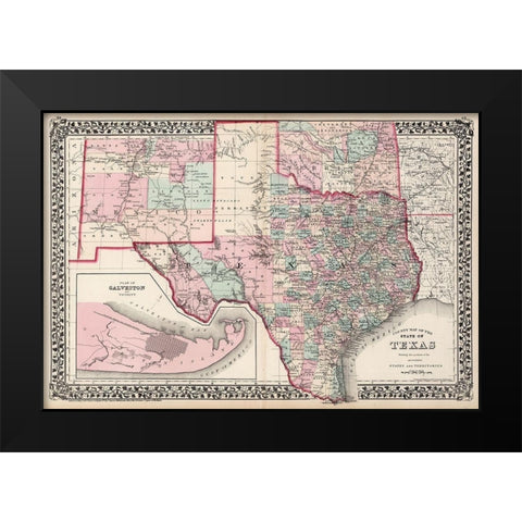 Texas Counties - Gamble 1876 Black Modern Wood Framed Art Print by Gamble