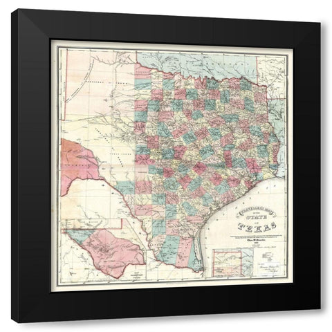 Travellers Map Texas - Pressler 1867 Black Modern Wood Framed Art Print by Pressler