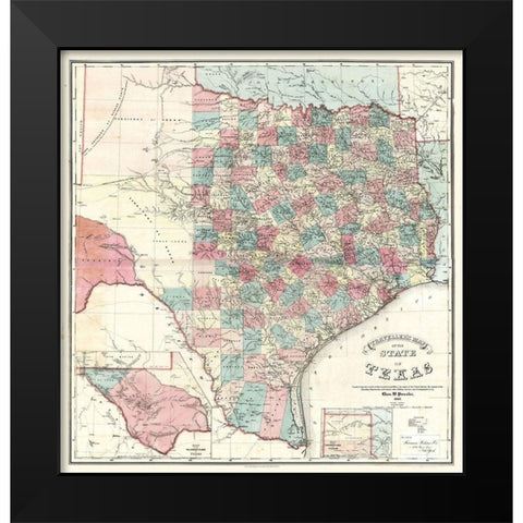 Travellers Map Texas - Pressler 1867 Black Modern Wood Framed Art Print by Pressler
