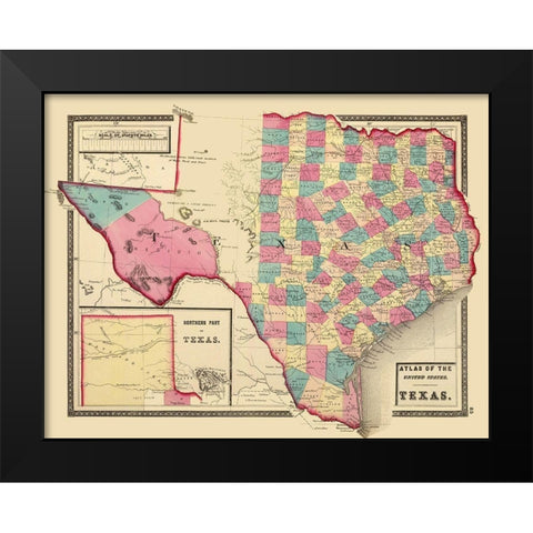 Texas - Northern Texas - Walling 1872 Black Modern Wood Framed Art Print by Walling