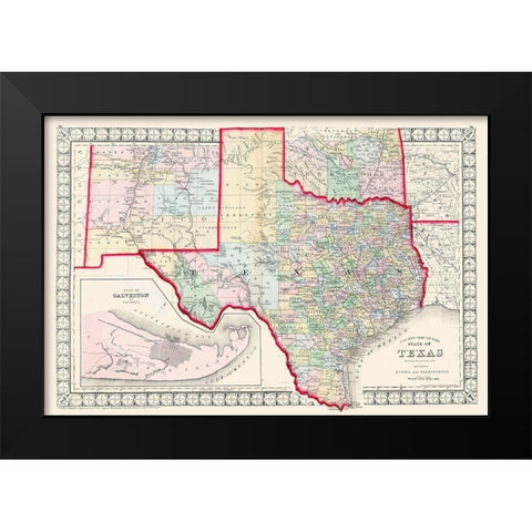Texas - Augustus Mitchell 1874 Black Modern Wood Framed Art Print by Mitchell