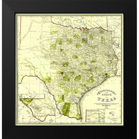 Travellers Map of the State of Texas 1867 Black Modern Wood Framed Art Print by Pressler