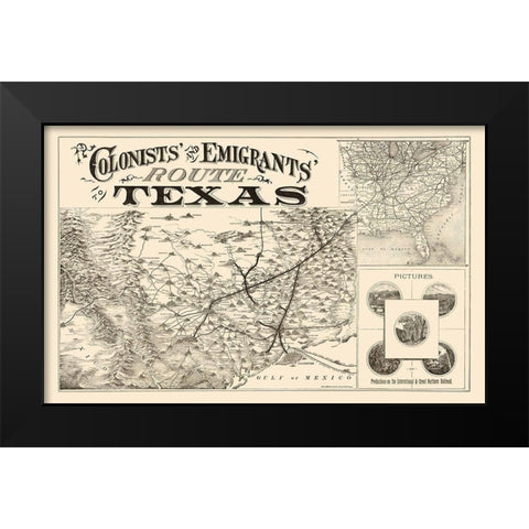 Texas Colonists and Emigrants Route 1878 Black Modern Wood Framed Art Print by Rand McNally