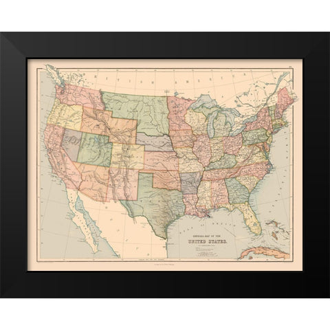 General Map of US - Black 1867 Black Modern Wood Framed Art Print by Black