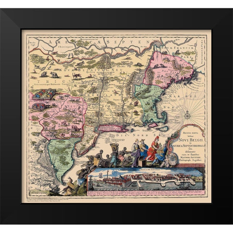 Novi Belgii In America Septentrionali Black Modern Wood Framed Art Print by Seutter