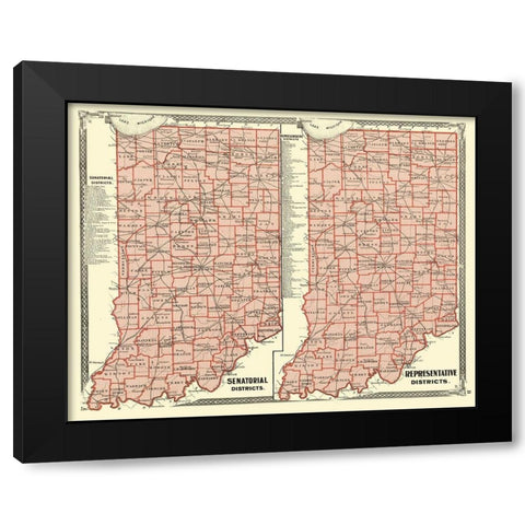 Indiana Senatorial, Representative Districts 1876 Black Modern Wood Framed Art Print by Baskin