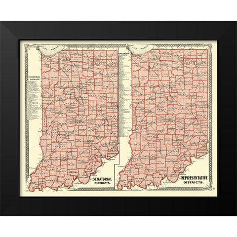 Indiana Senatorial, Representative Districts 1876 Black Modern Wood Framed Art Print by Baskin