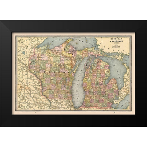 Michigan, Wisconsin - Cram 1888 Black Modern Wood Framed Art Print by Cram