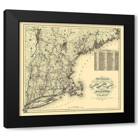 New Haven, Middletown and Boston 1867 Black Modern Wood Framed Art Print with Double Matting by Colton