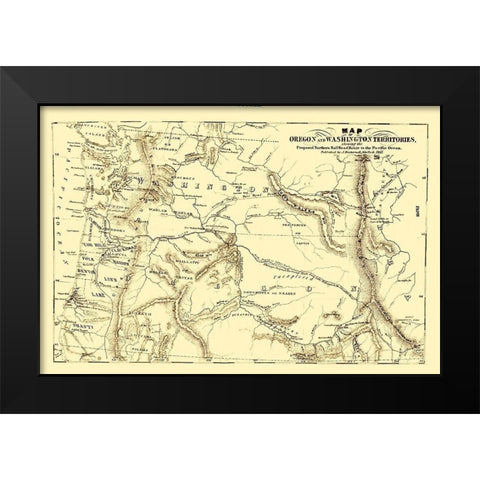 Oregon and Washington Proposed Railroad Route 1855 Black Modern Wood Framed Art Print by Disturnell