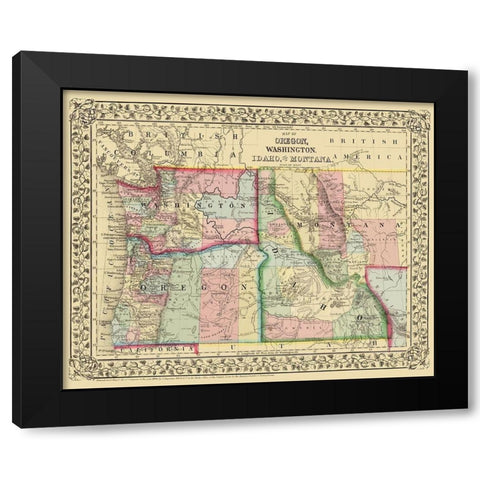Oregon, Washington, Idaho, Montana - Mitchell 1870 Black Modern Wood Framed Art Print with Double Matting by Mitchell