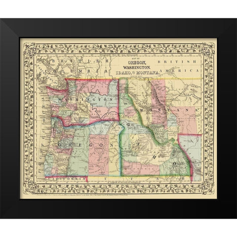 Oregon, Washington, Idaho, Montana - Mitchell 1870 Black Modern Wood Framed Art Print by Mitchell