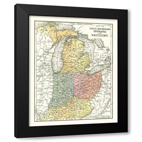 Ohio, Michigan, Indiana, Kentucky - Mitchell 1869 Black Modern Wood Framed Art Print with Double Matting by Mitchell