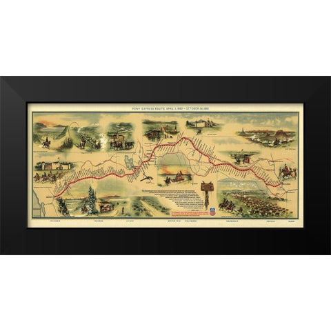 Pony Express Route April 3, 1860 Black Modern Wood Framed Art Print by Jackson