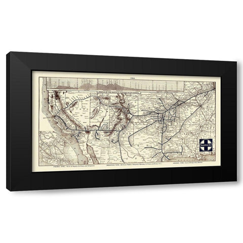 Santa Fe Railroad, Chicago to California 1904 Black Modern Wood Framed Art Print by Poole