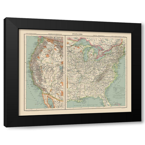 West and East United States - Schrader 1908 Black Modern Wood Framed Art Print by Schrader