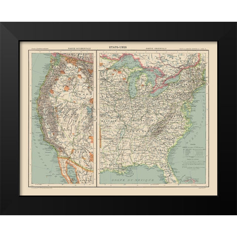 West and East United States - Schrader 1908 Black Modern Wood Framed Art Print by Schrader
